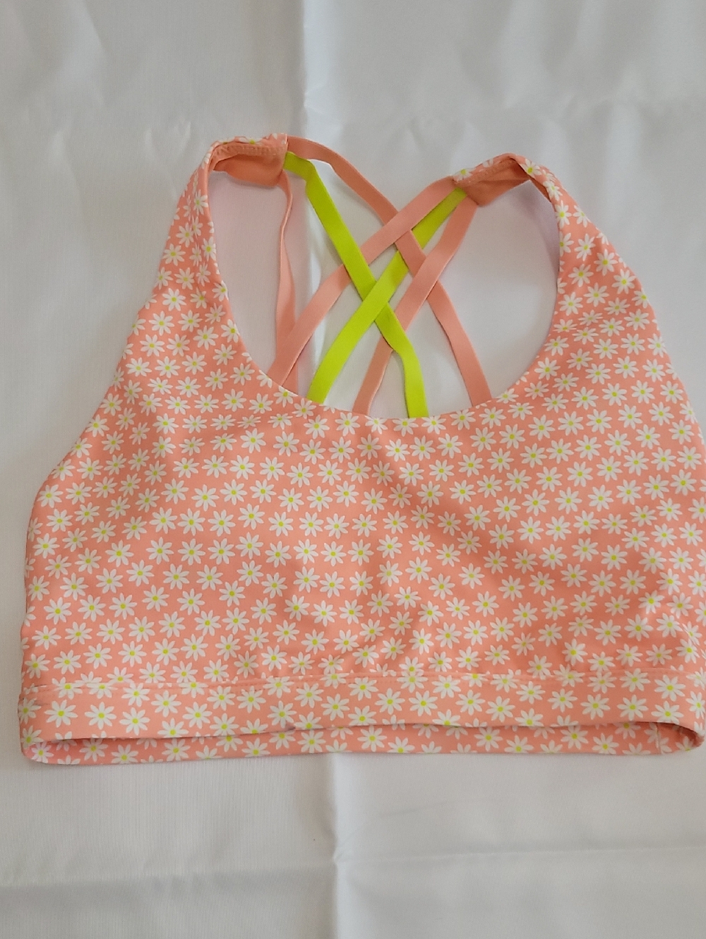 Fabletics Peach Floral Daisy Crop Sports Bra with Neon Straps